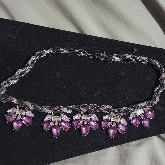Lane Bryant Purple Rhinestone And Silver Tone Chain Necklace - Picture 1 of 6